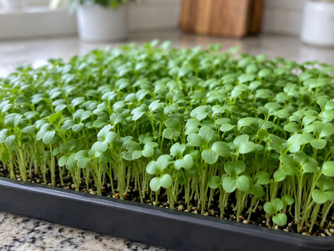 Arugula microgreens with small rounded leaves in a tray
