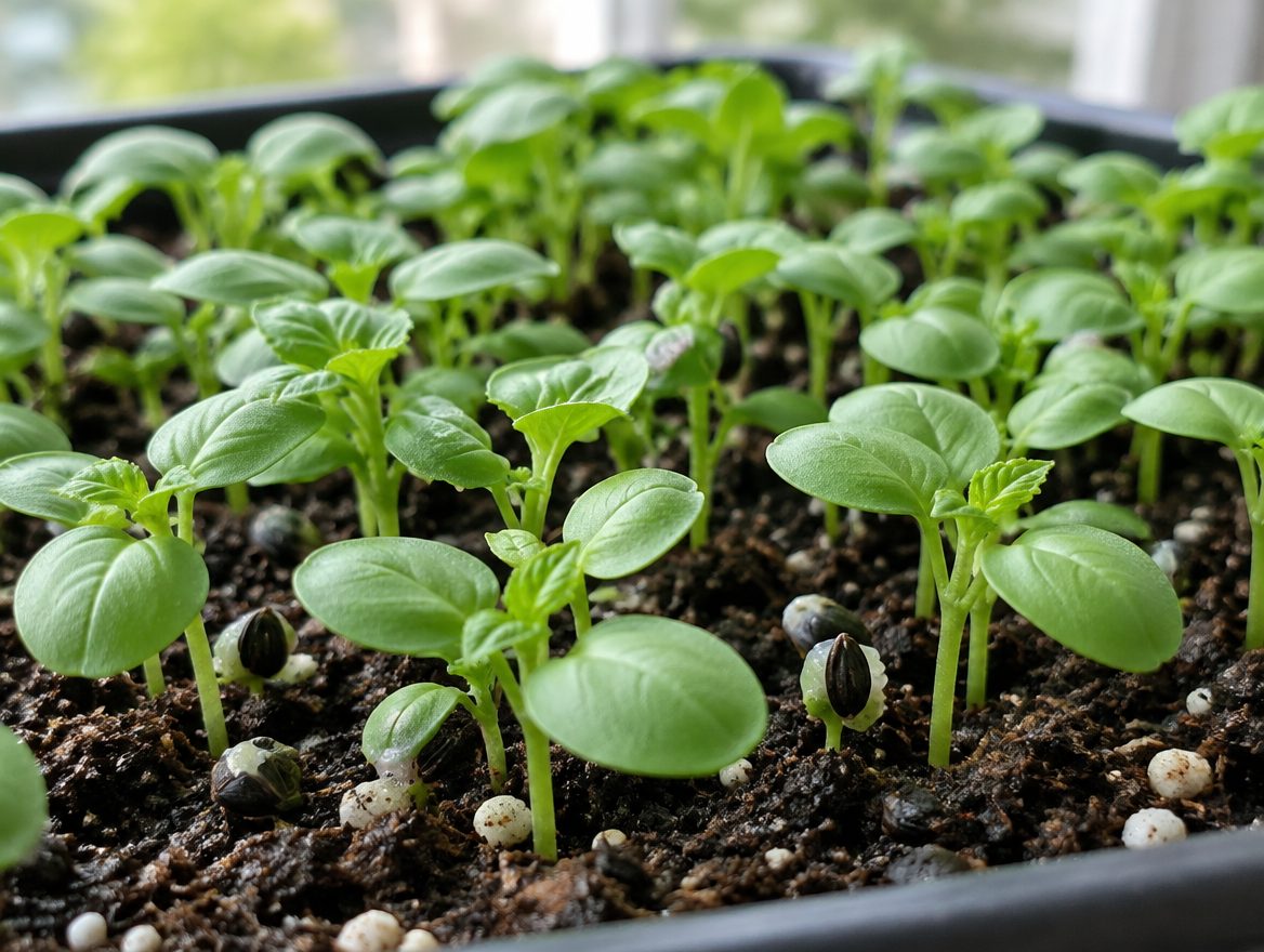 A tray of fresh basil microgreens