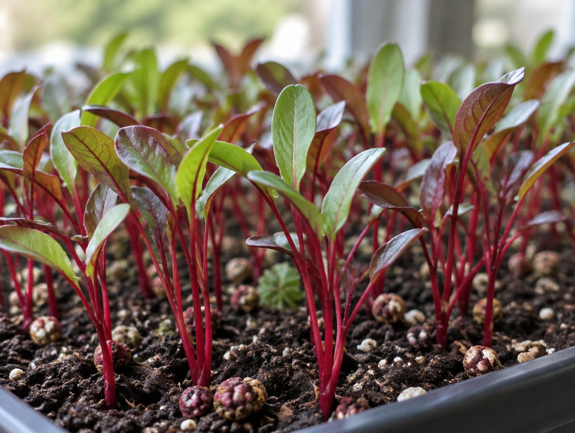 Beet microgreens with red stems and green leaves in a tray
