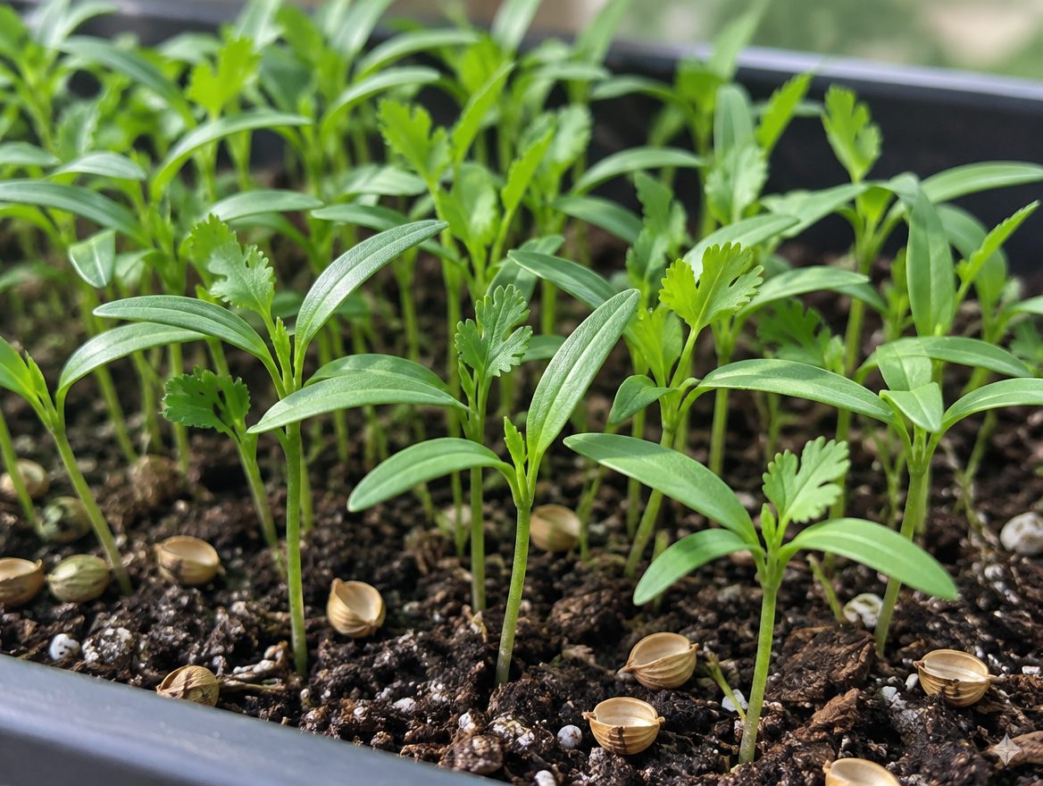 A tray of fresh cilantro microgreens