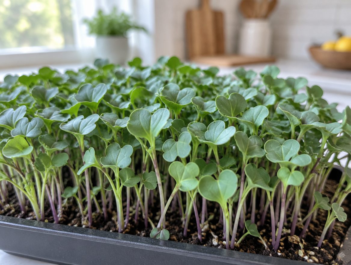Kale microgreens with frilly green leaves growing in a tray