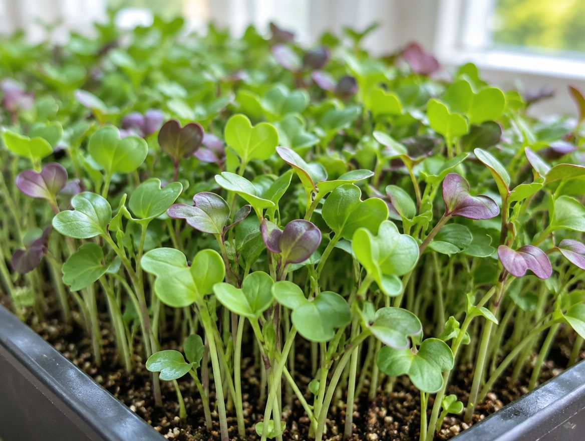Mustard microgreens with bright green leaves in a tray