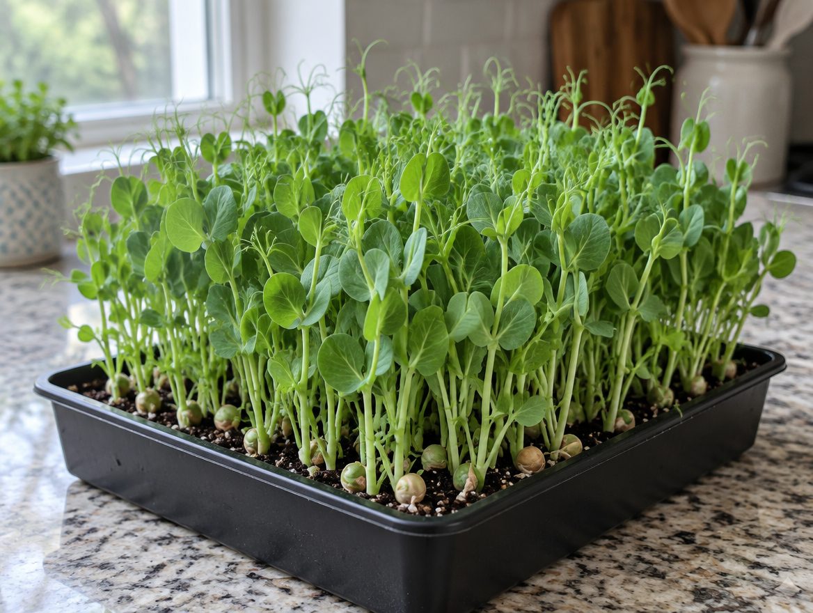 Pea shoots with curly tendrils growing in a shallow tray