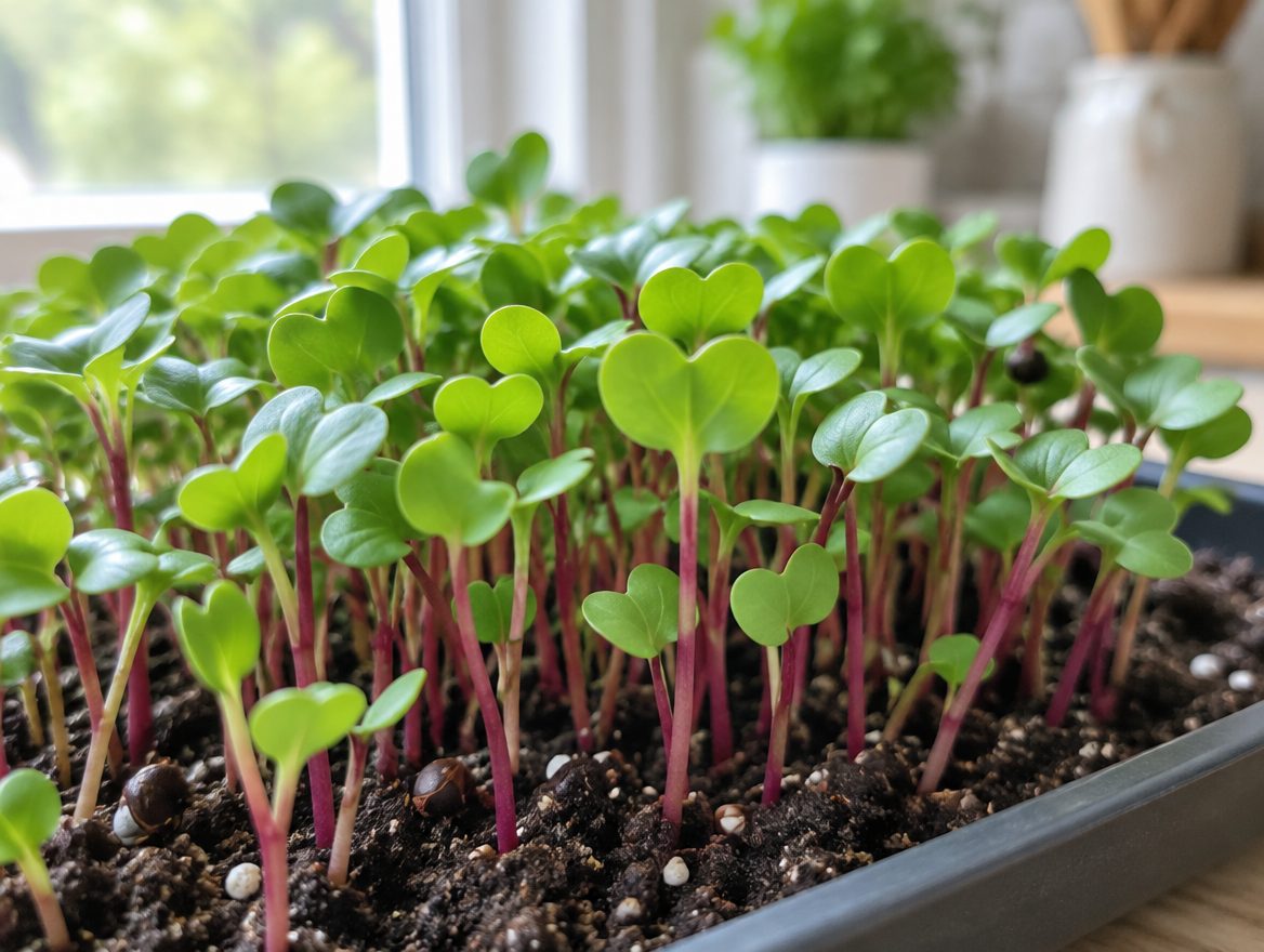 Radish microgreens growing densely in a tray on a kitchen counter